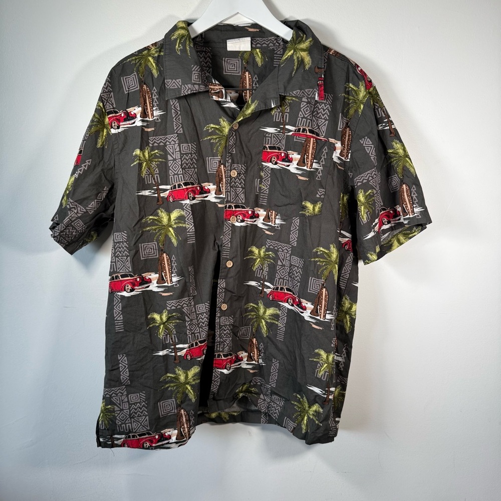 Barefoot in Paradise Hawaiian Shirt Men’s Large Black Red Car Palm Tree Aloha